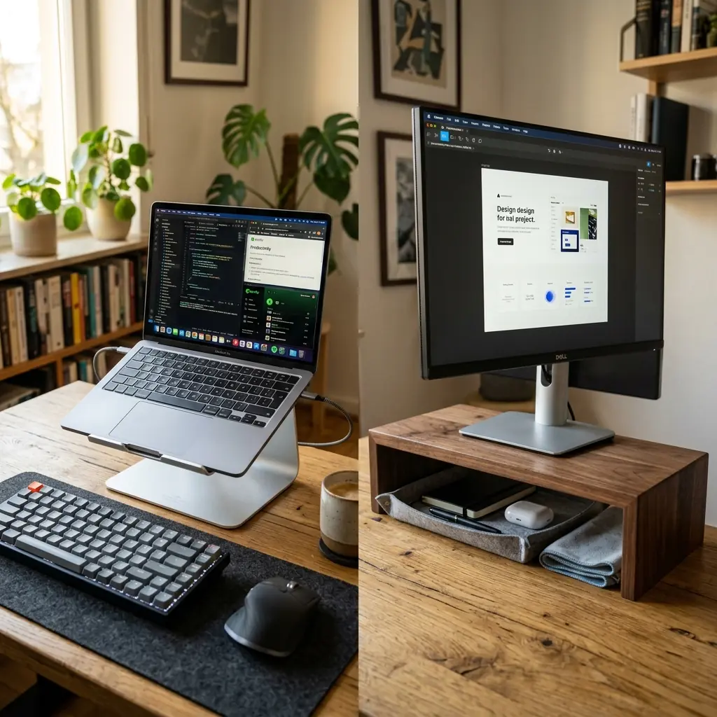 Split composition comparing a premium aluminum laptop stand with a MacBook Pro on the left against a solid walnut monitor riser with storage on the right