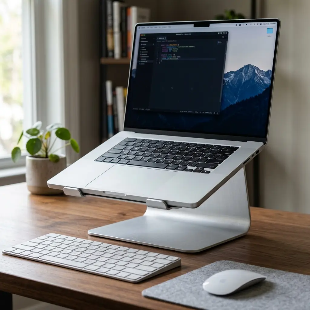 Premium brushed aluminum laptop stand on a walnut desk with a MacBook Pro elevated at eye level and Apple Magic Keyboard in front