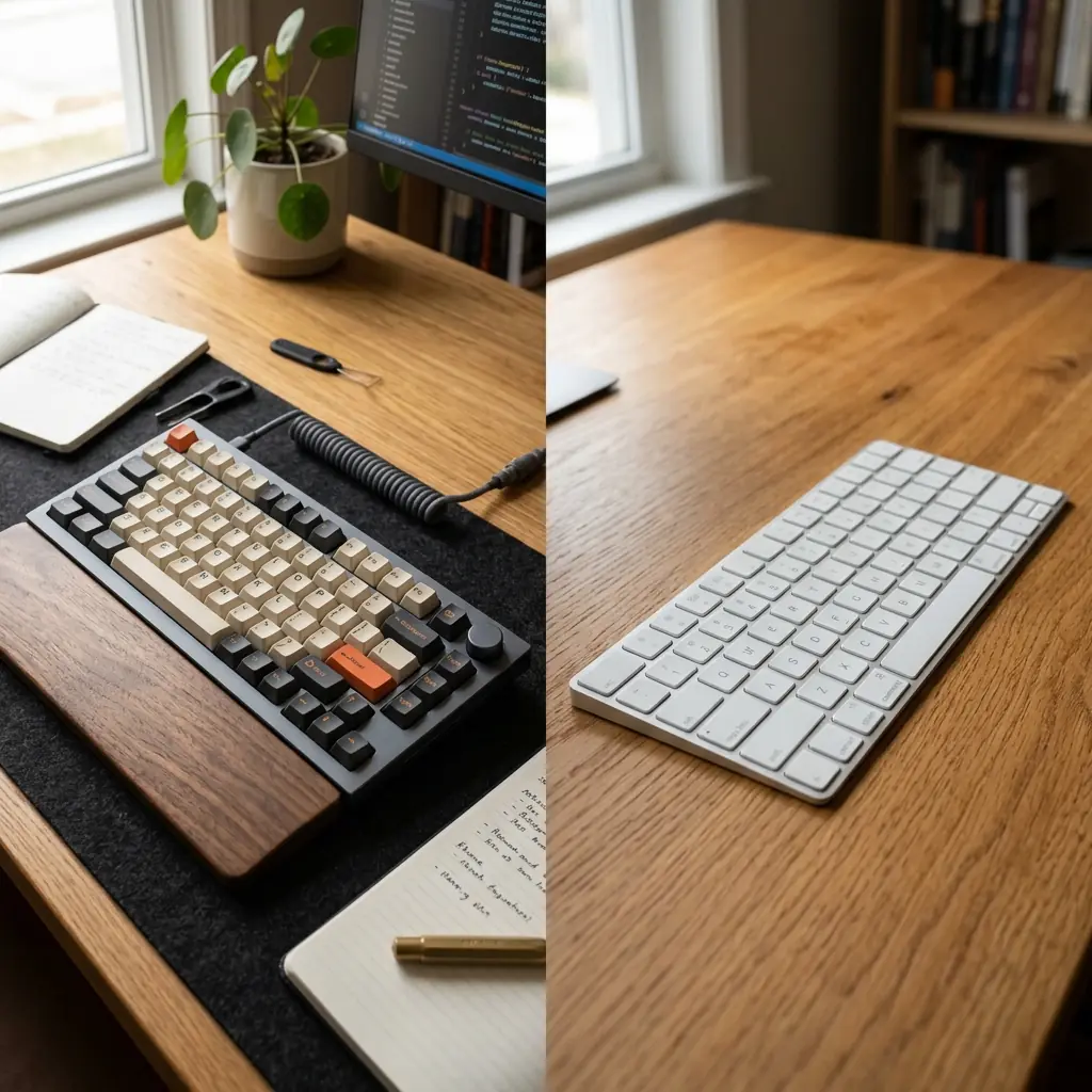 Split view comparing a premium mechanical keyboard with thick keycaps to a standard ultra-thin membrane keyboard on a wooden desk