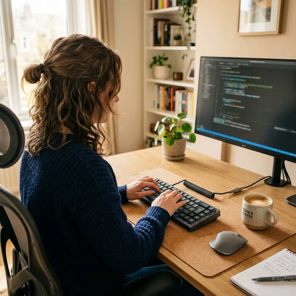 Developer deeply focused typing on a premium mechanical keyboard resting on a cork desk mat