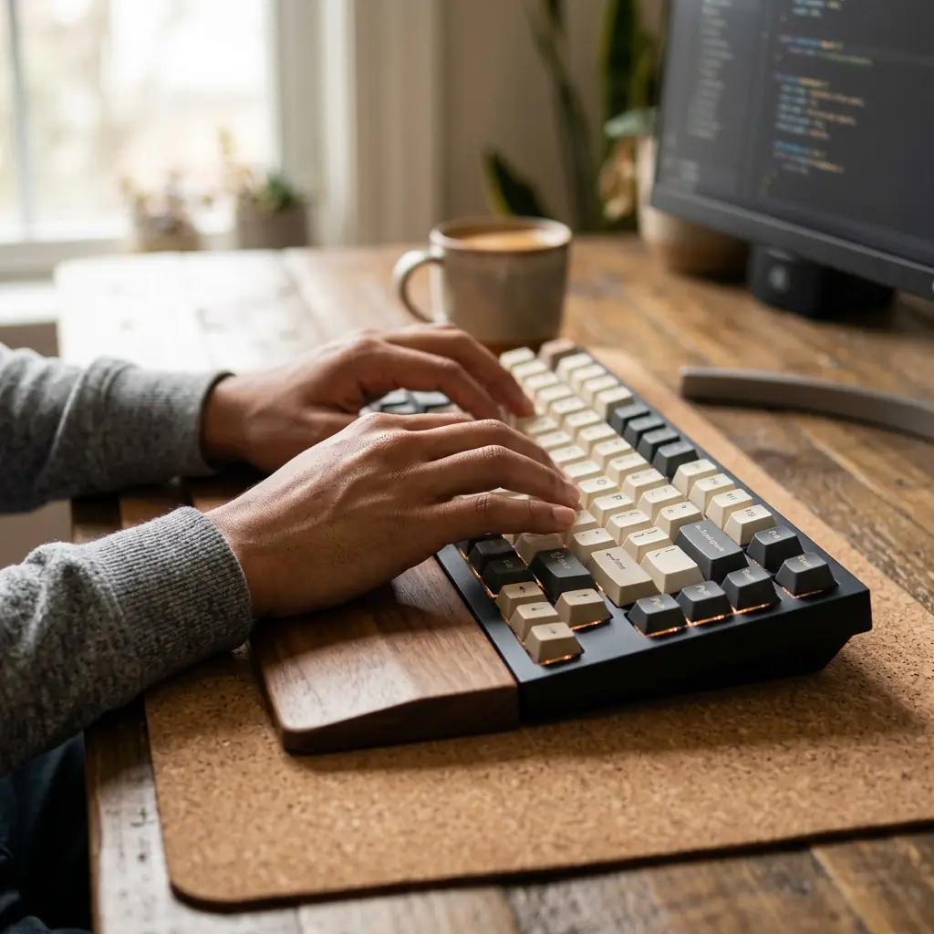 Side-profile of hands typing on a thick mechanical keyboard with a solid walnut wrist rest, keeping the wrists perfectly flat and neutral