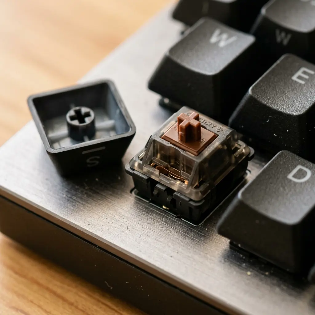 Macro shot of a mechanical keyboard switch showing the tactile brown stem and internal spring mechanism