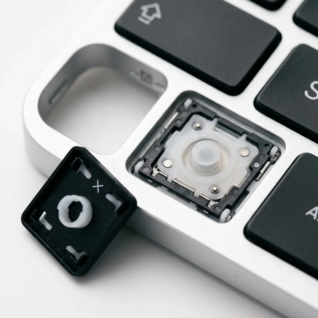 Macro shot of a membrane keyboard mechanism showing the small rubber dome and scissor mechanism underneath a low-profile keycap