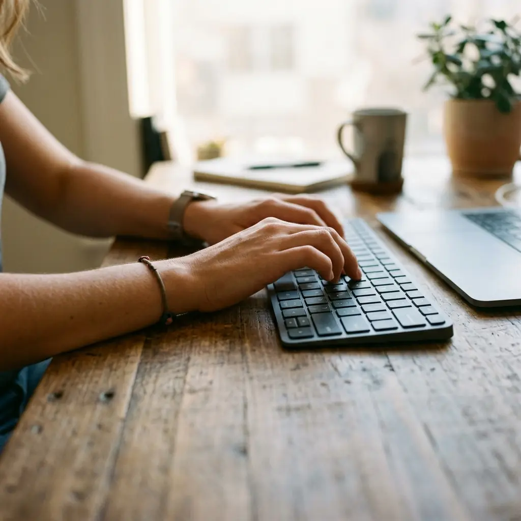 Side-profile showing hands typing on an ultra-thin membrane keyboard placed directly on a hard desk, demonstrating wrist extension