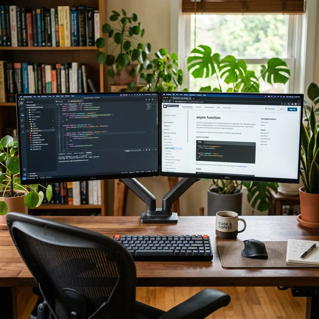 A professional developer's desk with two matching 27-inch monitors on a dual arm showing VS Code on one screen and documentation on the other