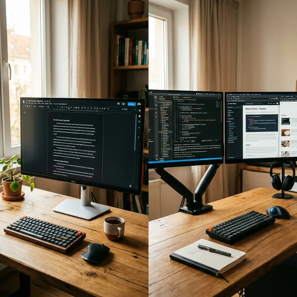 Split composition comparing a minimal single monitor desk setup on the left against a professional dual monitor workstation on the right