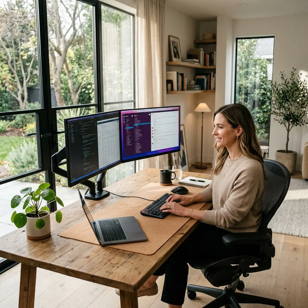Wide lifestyle shot of a modern sophisticated home office with a woman working at a dual monitor workstation on a dual arm