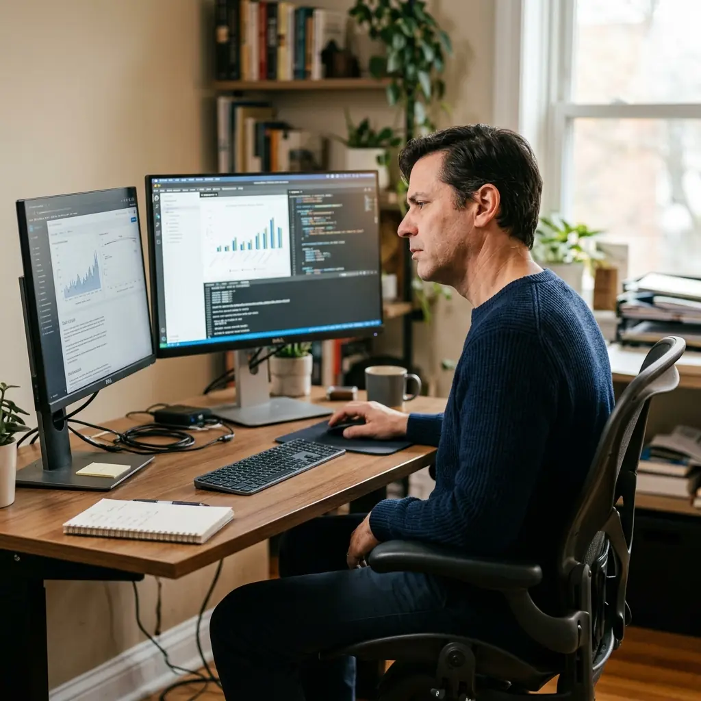 Side-profile ergonomic shot of a person turning their neck significantly to view a far-left secondary monitor