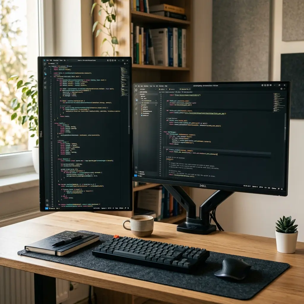 A programmer's desk with one primary landscape monitor and one secondary 24-inch monitor in portrait orientation displaying a long block of code