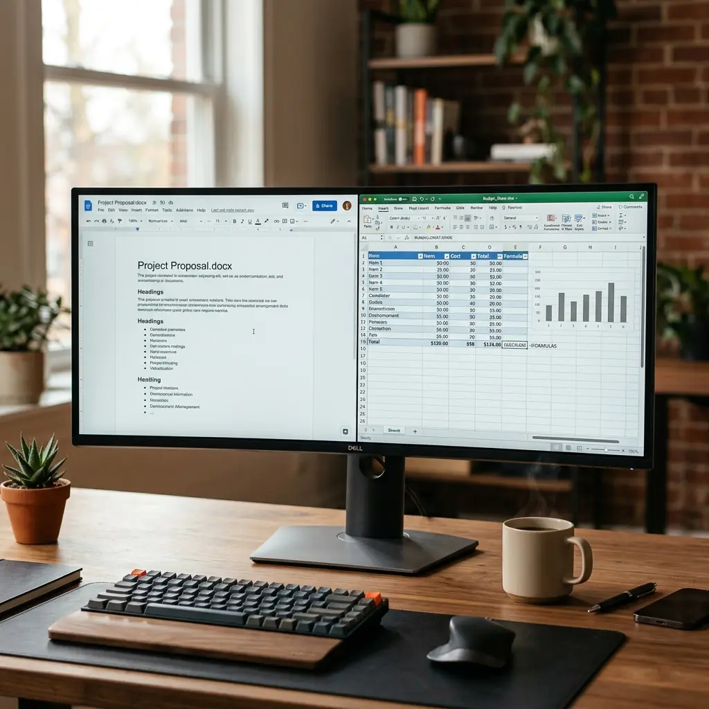 A premium 34-inch curved ultrawide monitor on a walnut desk displaying a document editor alongside a spreadsheet
