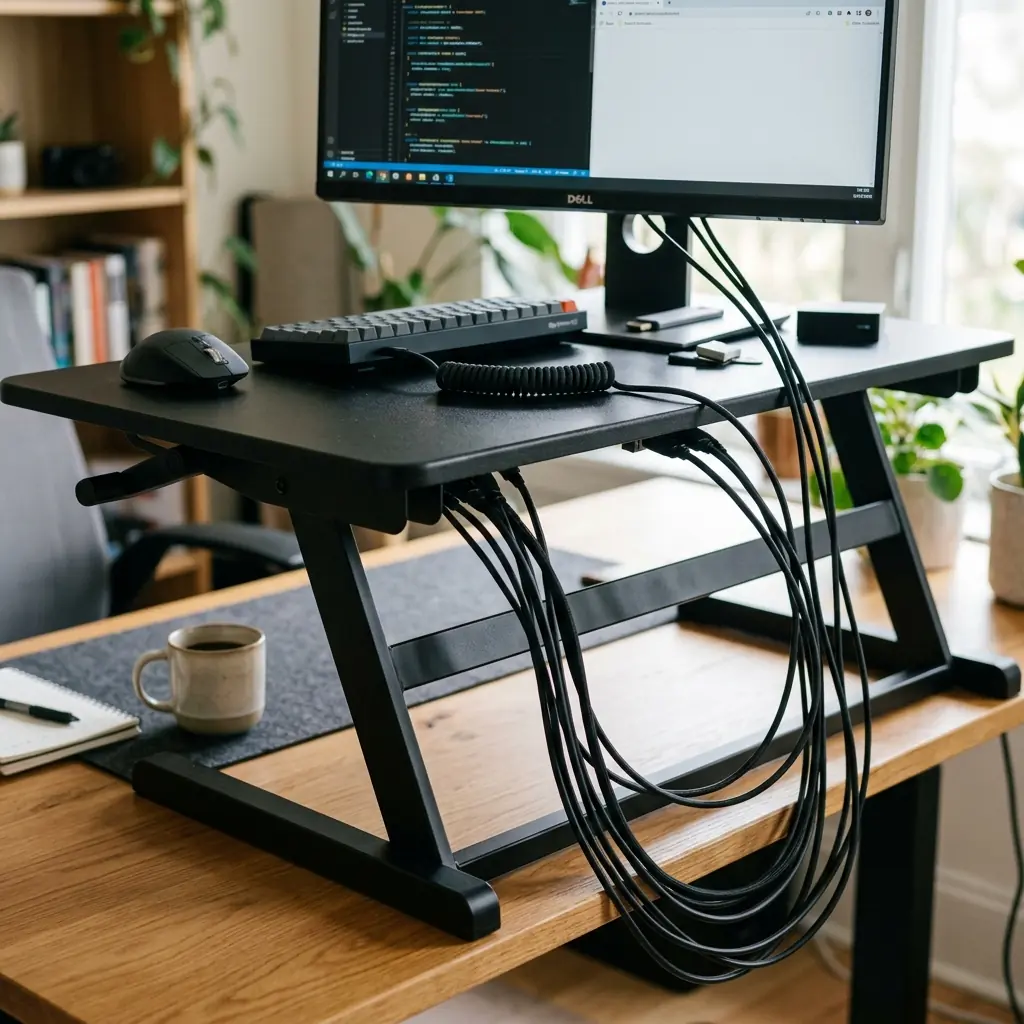 Close-up showing the cable management challenge of a sit-stand converter, with cables draped down from the elevated platform onto the fixed desk below