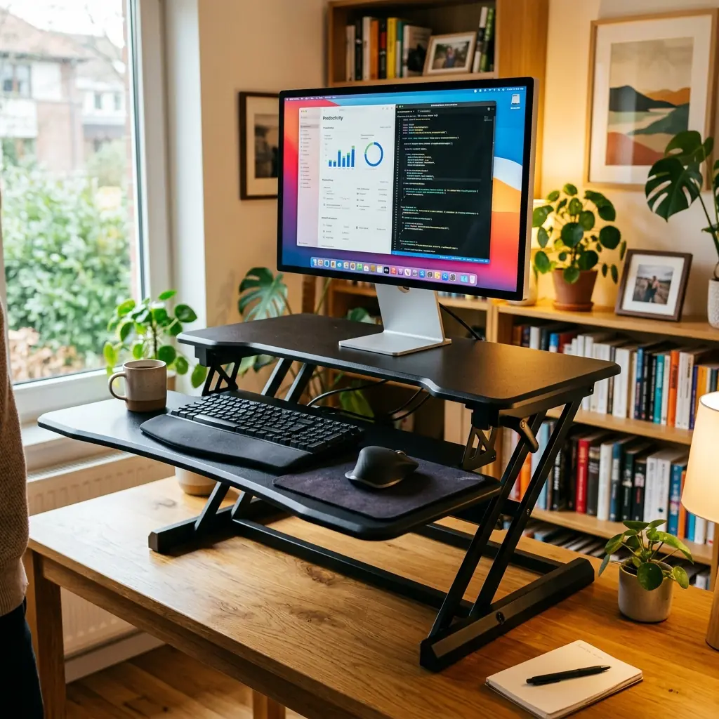 Sit-stand desk converter placed on top of a standard wooden desk, elevated to standing height with a monitor and keyboard