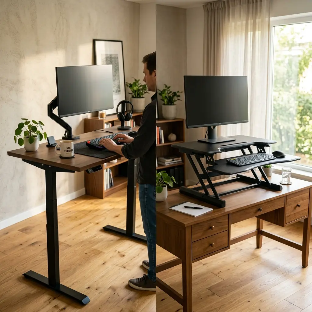 Split view comparing a full electric standing desk to a sit-stand converter placed on a fixed desk, both elevated to standing height