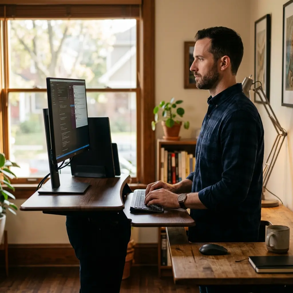 Professional standing while working at a sit-stand converter on a fixed desk, typing with excellent posture