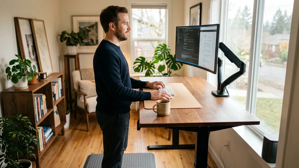 Professional standing while working at a sit-stand converter on a fixed desk, typing with excellent posture