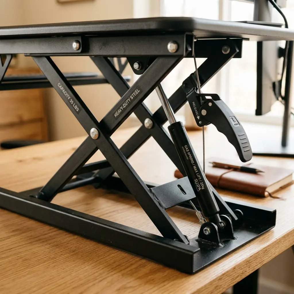 Close-up detail shot of the heavy-duty scissor lift mechanism and gas spring lever on the side of a sit-stand desk converter