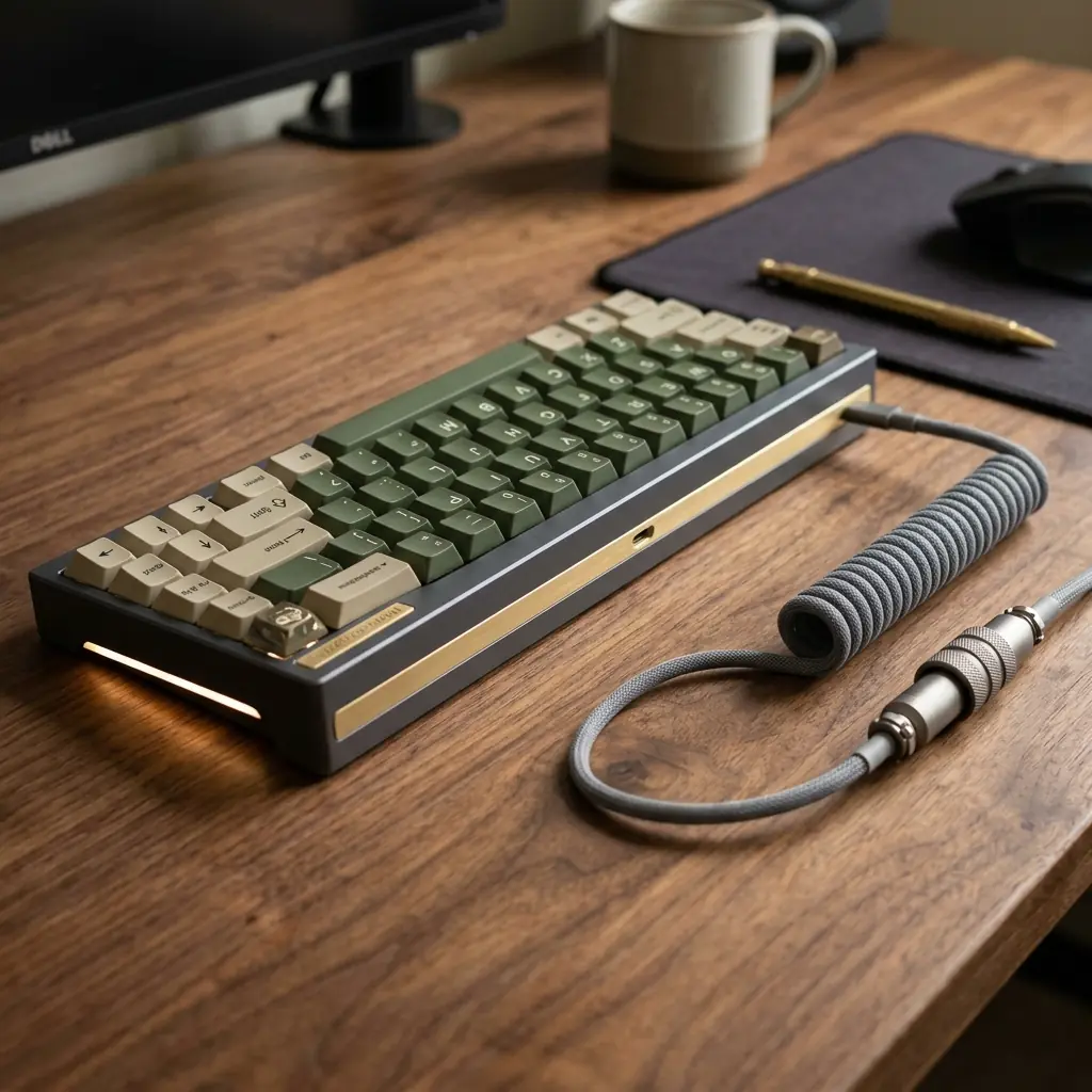 Close-up of a high-end custom mechanical keyboard connected by a beautiful, tightly coiled grey aviator cable