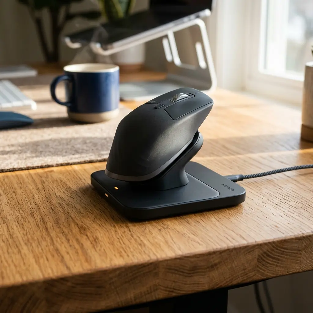 Premium, low-profile black charging dock resting on a wooden desk holding a sleek wireless mouse