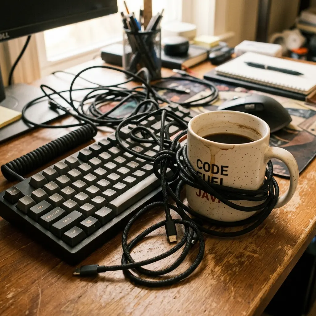 Close-up of desk clutter showing thick, braided black USB cables tangling behind a mechanical keyboard