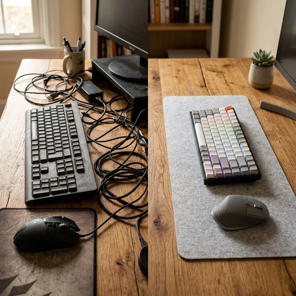 Split composition on an oak desk comparing a messy desk surface with thick USB cables against a perfectly clean, minimalist desk surface featuring a wireless mechanical keyboard and a sleek wireless mouse