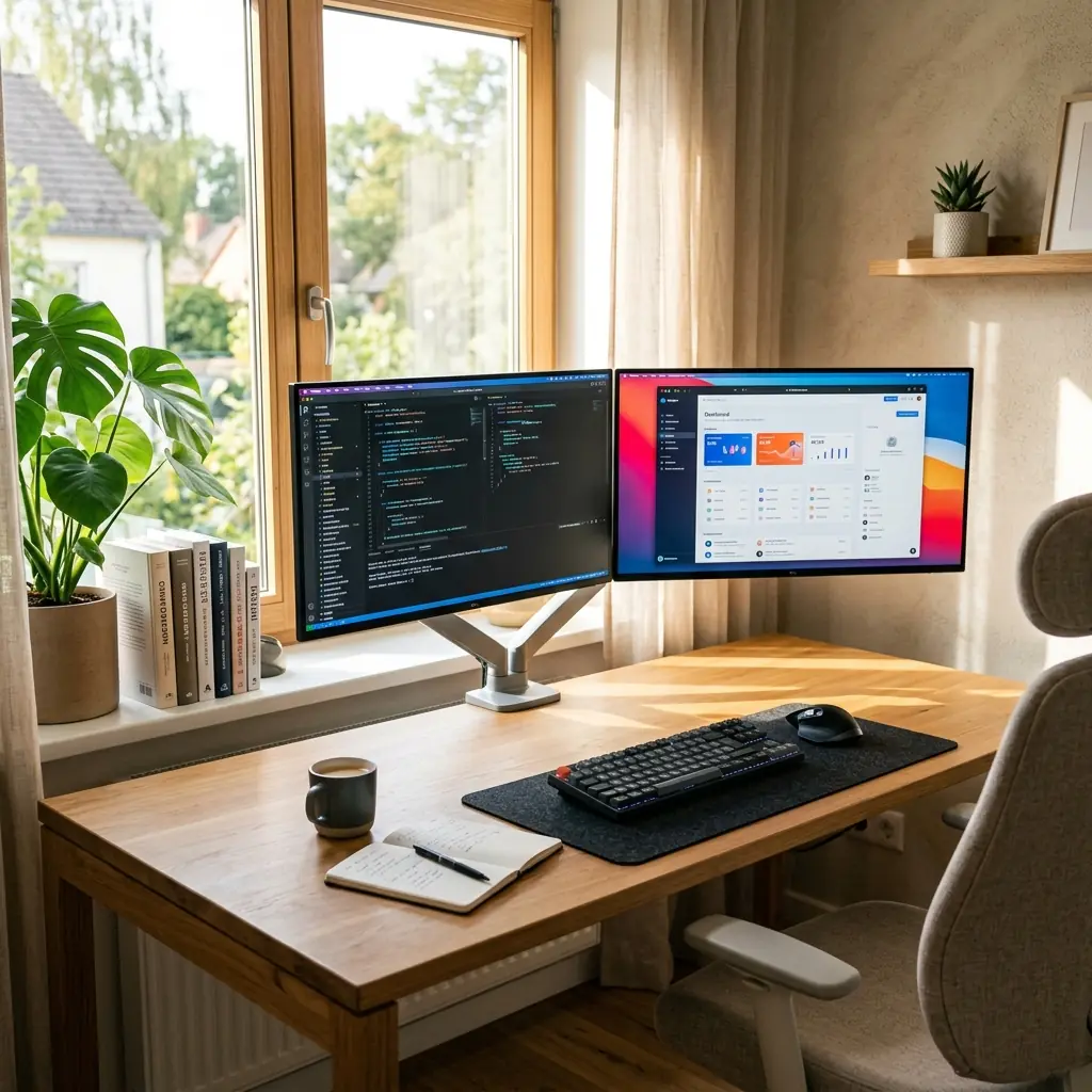 Wide lifestyle shot of a modern, highly organized home office desk featuring an entirely wireless setup