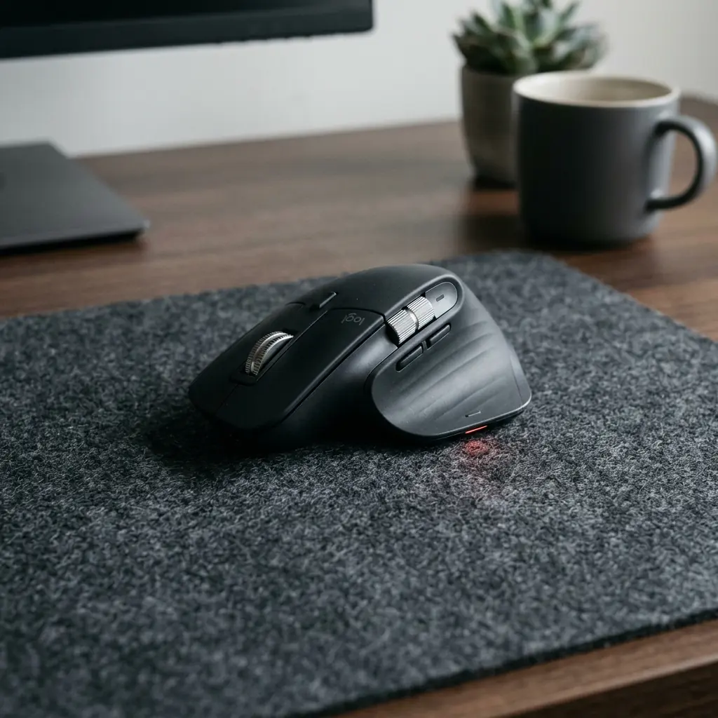 Close-up of a sleek, black wireless ergonomic mouse tracking across a smooth desk mat with zero cables in sight