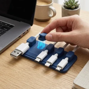 TidySetup magnetic cord keeper organizing charging cables on oak desk surface
