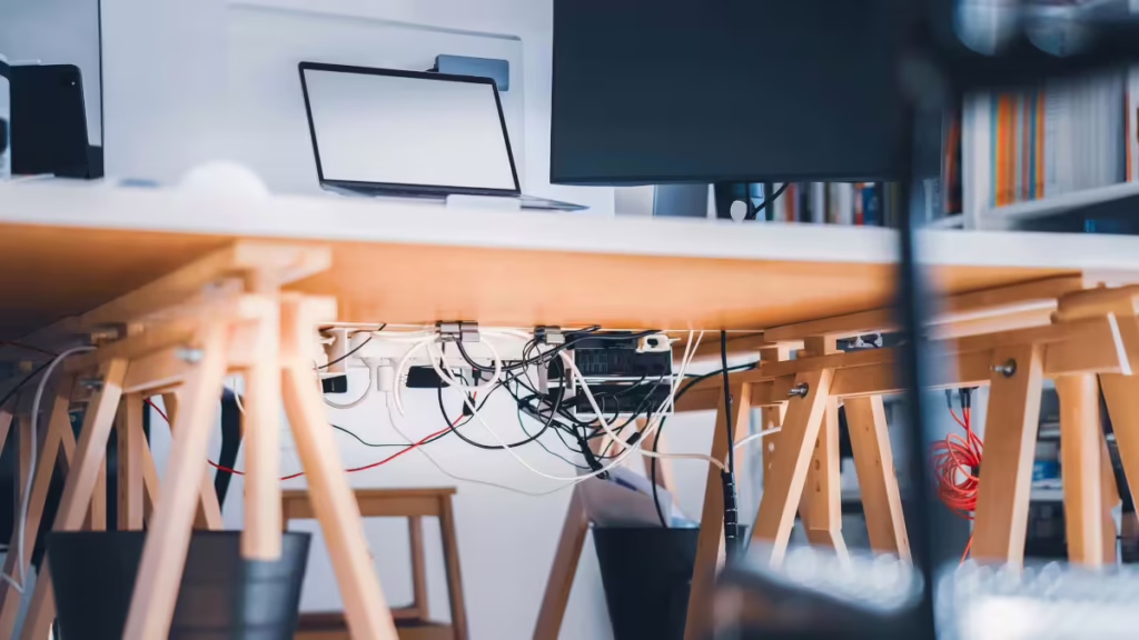 messy-standing-desk-cables Standing desk with tangled cables, showing the need for cable management.
