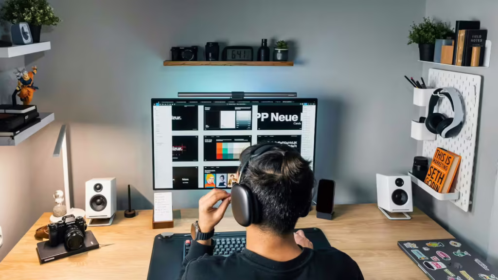 A clean, organized desk with modular cable organizers and a data center with high-density cable management systems. Highlighted eco-friendly materials like bamboo and recycled plastic organizers.