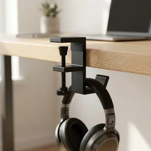 TidySetup aluminum desk clamp headphone hook holding over-ear headphones