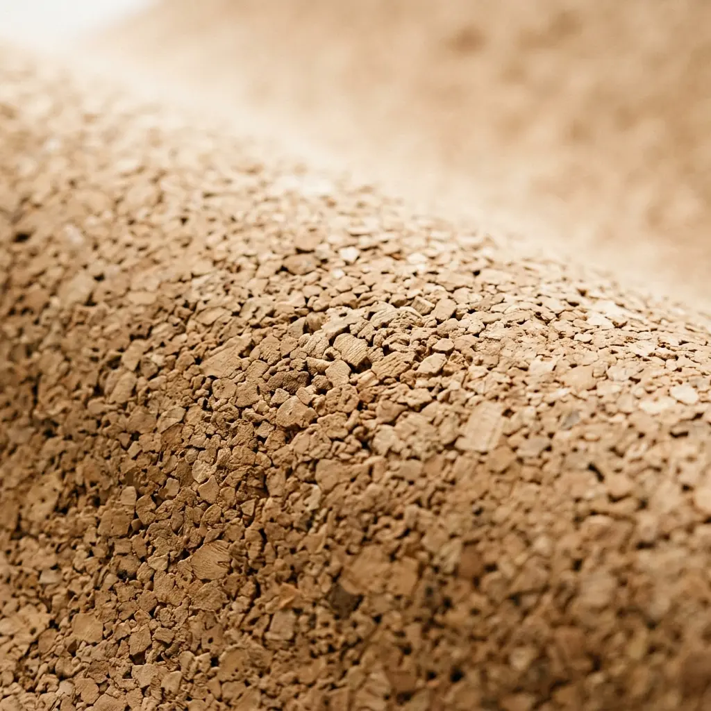 Extreme macro close-up of a natural cork desk mat showing its granular, waterproof texture