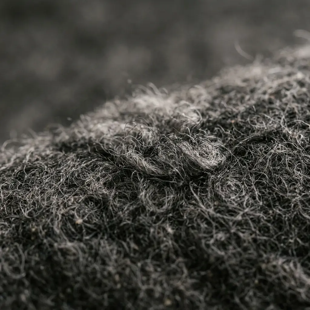 Extreme macro close-up of a dark grey merino wool felt desk pad highlighting its soft, fibrous texture