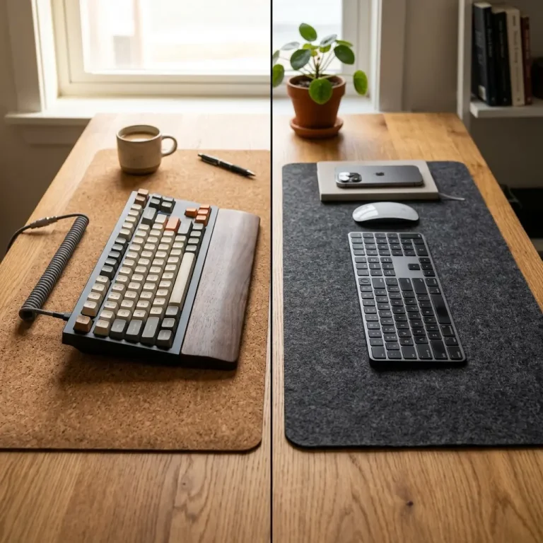Split view comparing a natural cork desk mat with a mechanical keyboard against a minimalist dark grey merino wool felt desk pad
