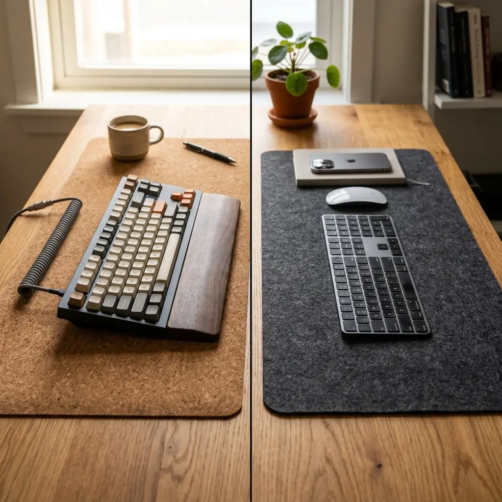 Split view comparing a natural cork desk mat with a mechanical keyboard against a minimalist dark grey merino wool felt desk pad