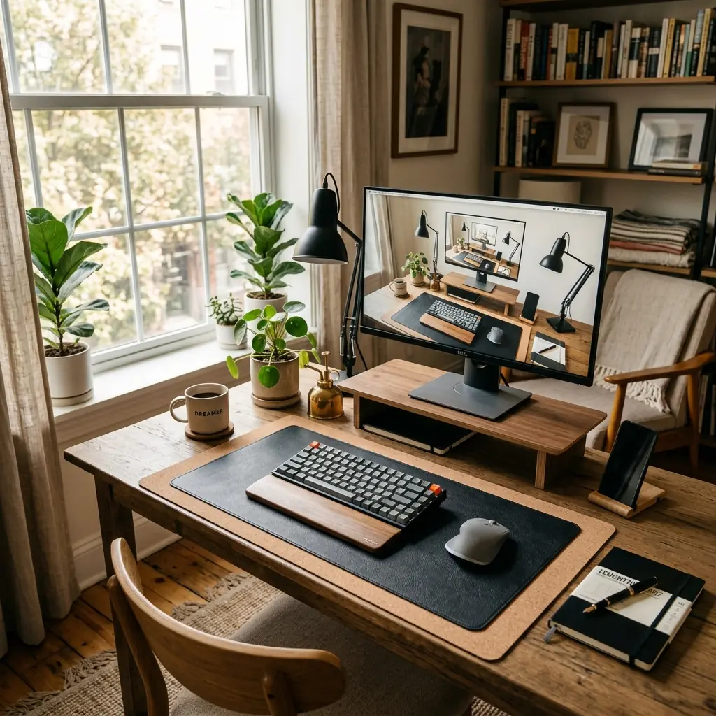 Wide lifestyle shot of a beautifully organized home office desk featuring a premium cork desk mat