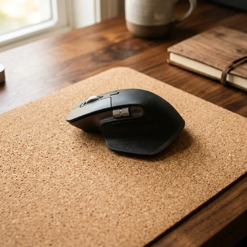 Close-up of a sleek black wireless ergonomic mouse tracking perfectly on the smooth surface of a natural cork mat