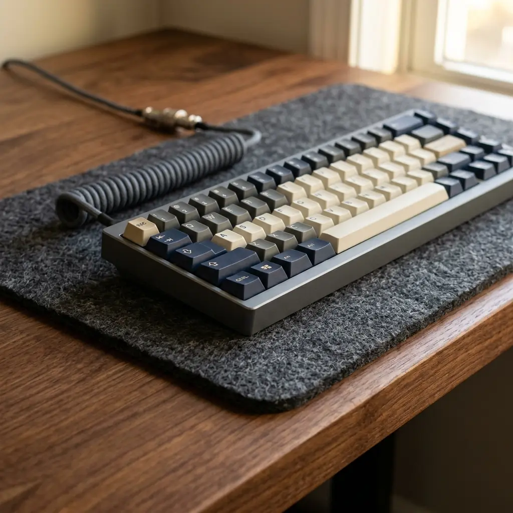 Heavy premium mechanical keyboard resting on a soft dark grey wool felt desk pad to protect the wooden desk underneath