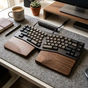 TidySetup ergonomic split walnut wood palm rest pair with Alice mechanical keyboard on felt desk mat