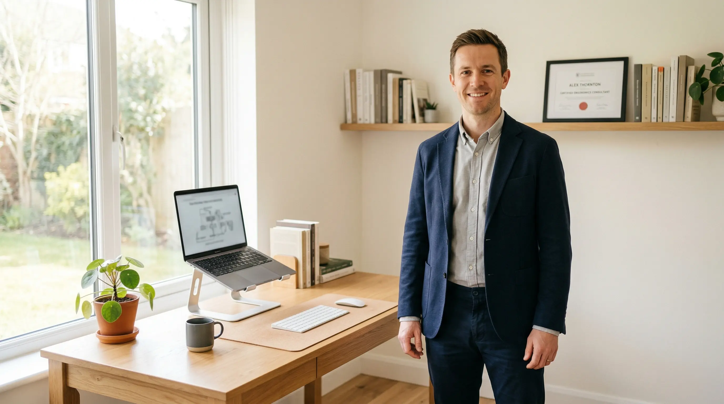Alex Thornton, Certified Ergonomics Consultant, standing in a modern, well-lit, minimalist office environment