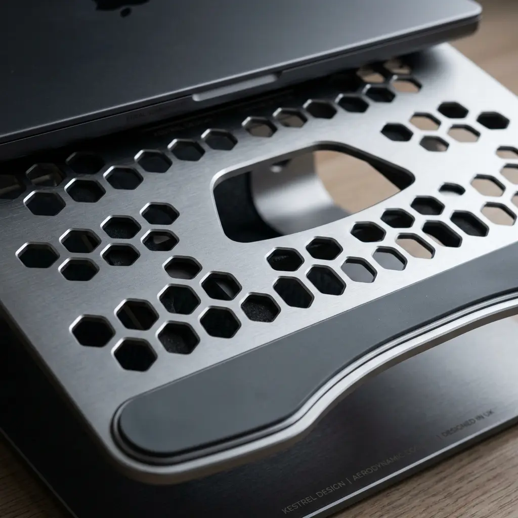 A close-up showing the ventilation gaps on an aluminum laptop stand, designed for maximum heat dissipation