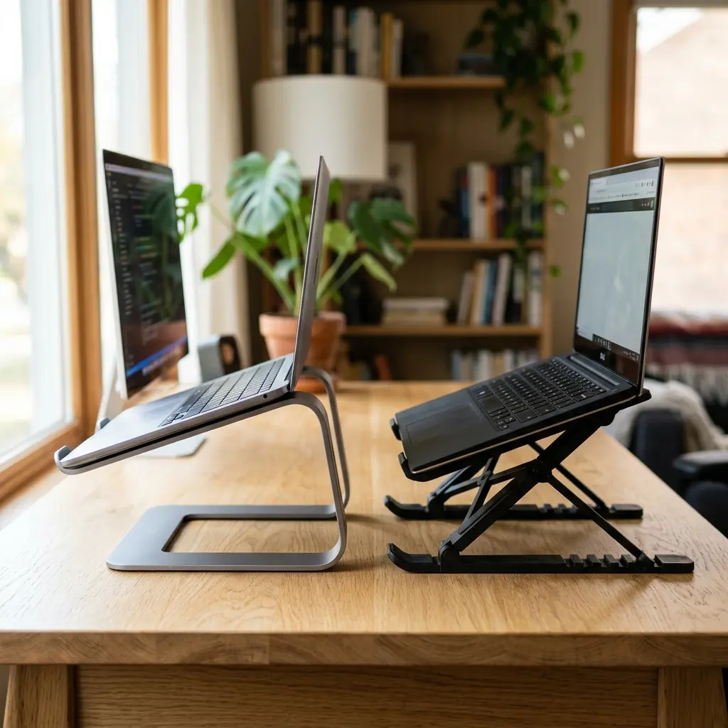 Aluminum vs plastic laptop stands: A split screen showing a premium silver aluminum stand next to a flimsy black plastic stand