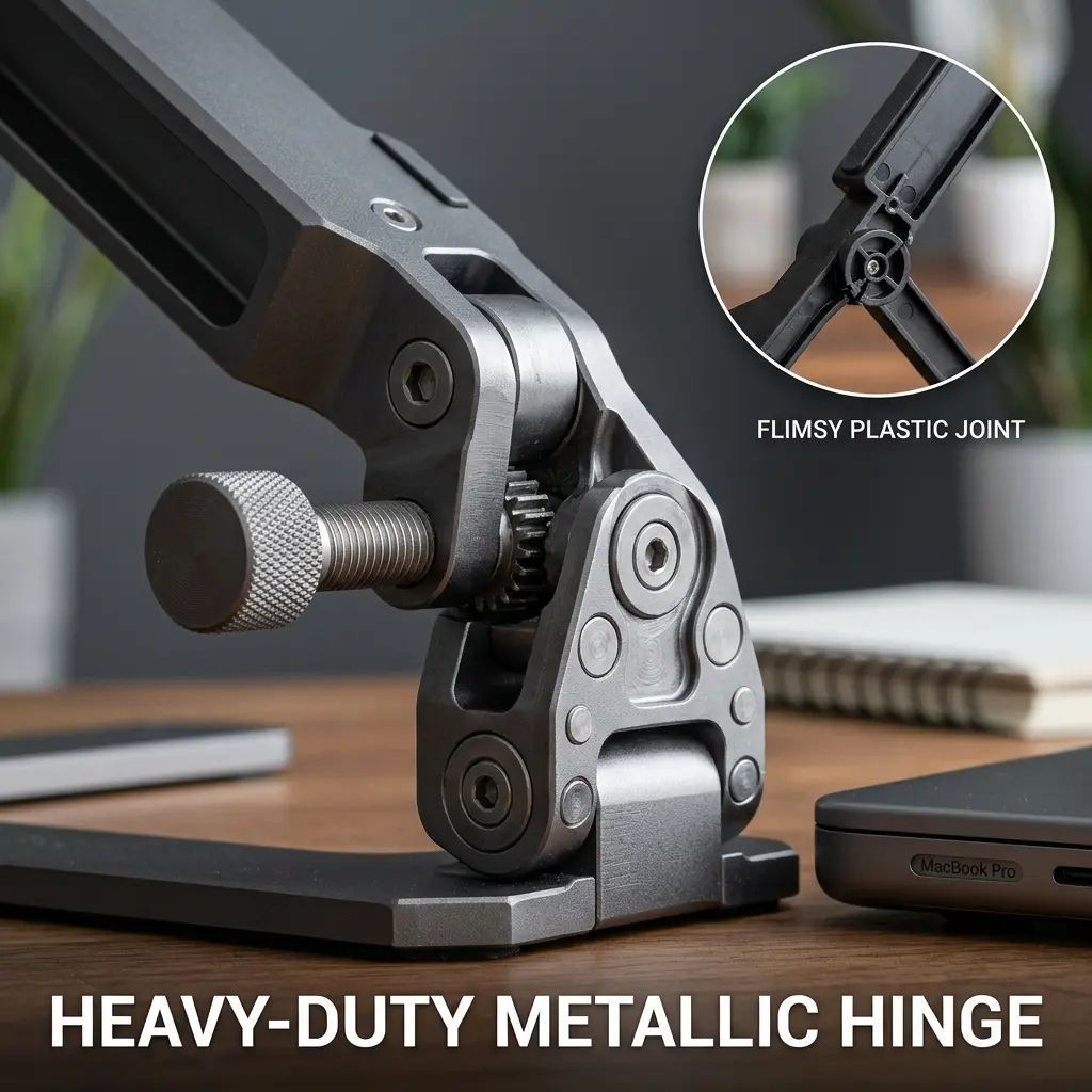 Macro shot of the heavy-duty tension hinges on a premium aluminum laptop stand