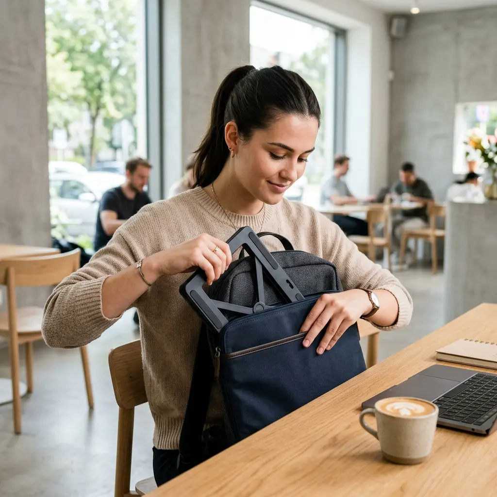 A professional packing a lightweight, foldable plastic laptop stand into a travel backpack