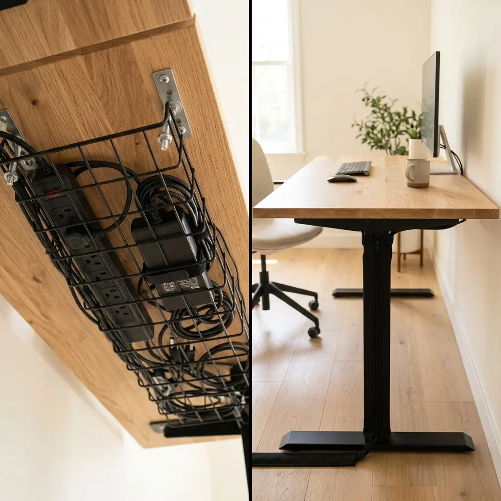 A split screen showing a wire mesh cable tray holding power bricks on the left and a sleek zipper cable sleeve dropping to the floor on the right