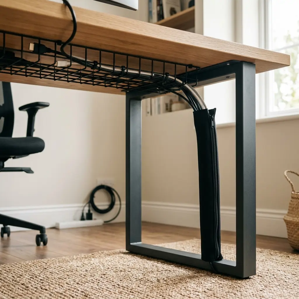 A perfectly managed desk showing horizontal wires in a tray feeding into a single vertical zipper sleeve