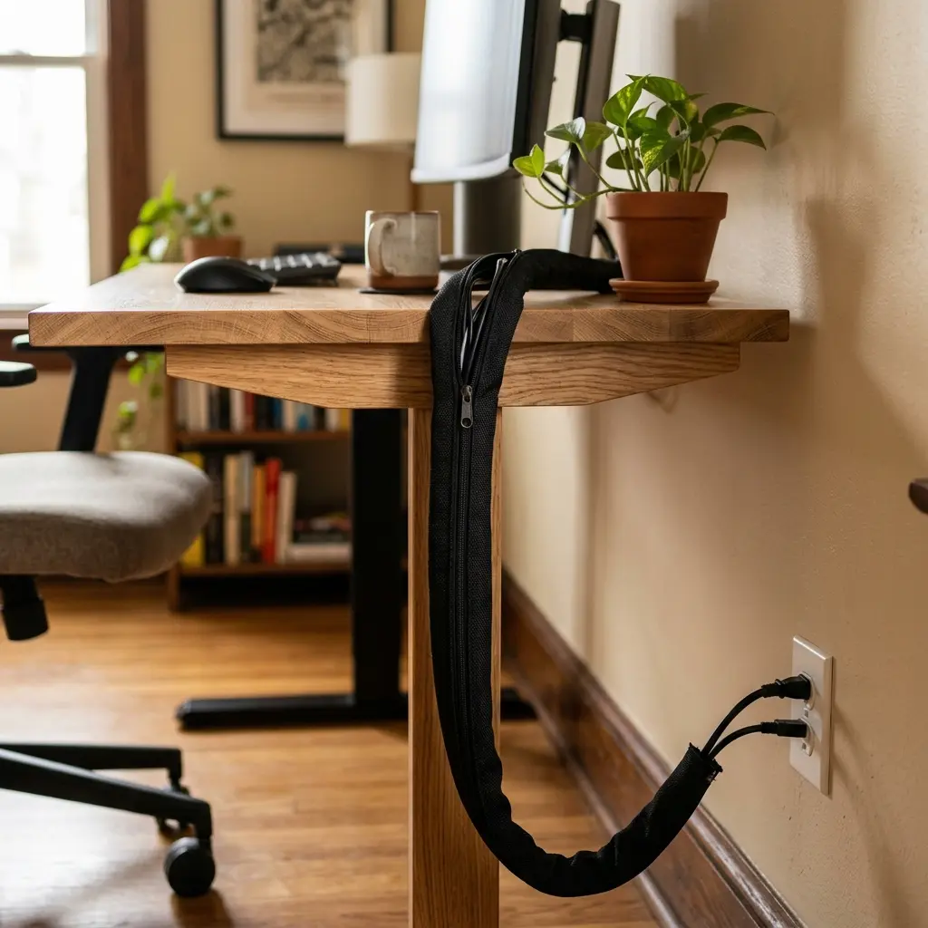A sleek black zipper cable sleeve routing a bundle of wires from the desk down to a floor outlet