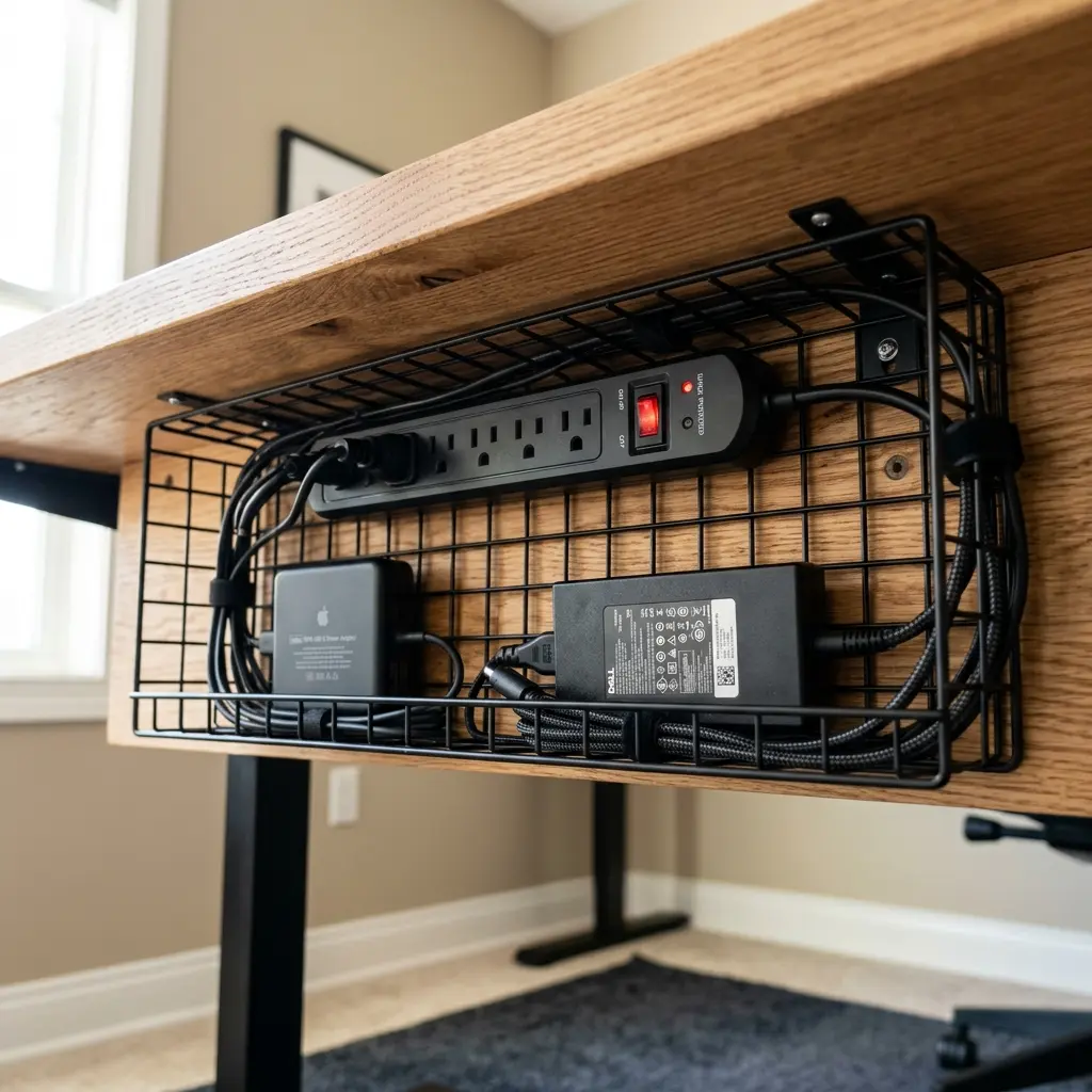 A close-up of a wire mesh cable tray mounted under a wooden desk, holding a power strip and two laptop charging bricks
