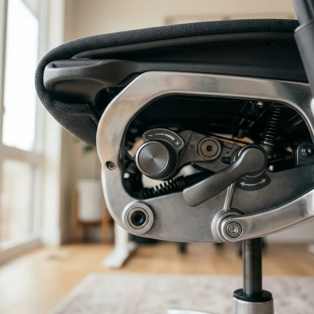 A close-up diagram highlighting the essential levers and adjustment knobs on a premium office chair