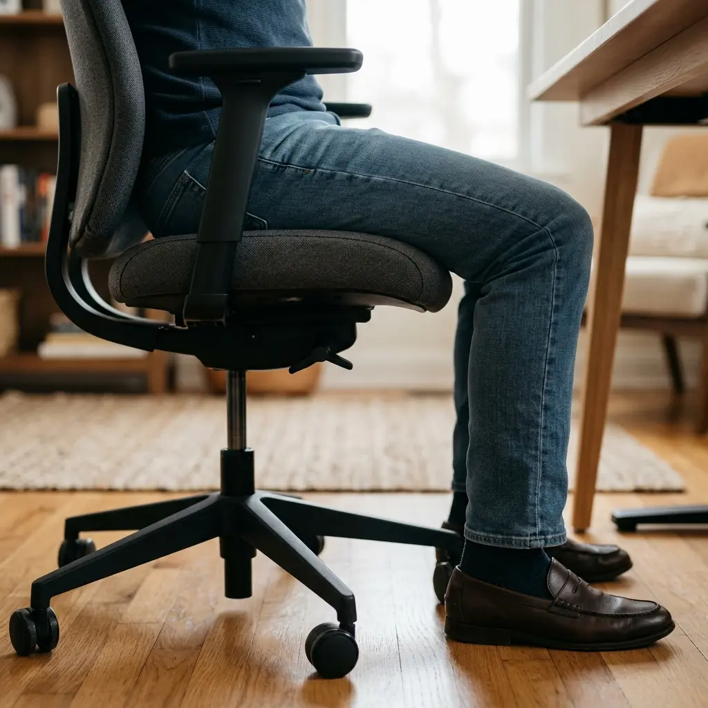 A side profile showing the perfect 3-finger gap between the back of the knee and the chair's seat edge