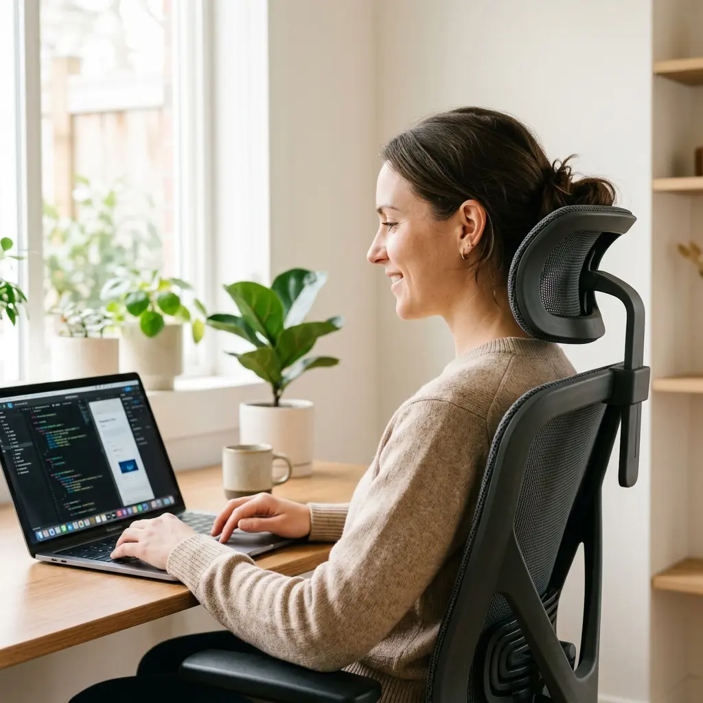 A professional reclining slightly in a chair with a supportive, adjustable headrest while reading a screen